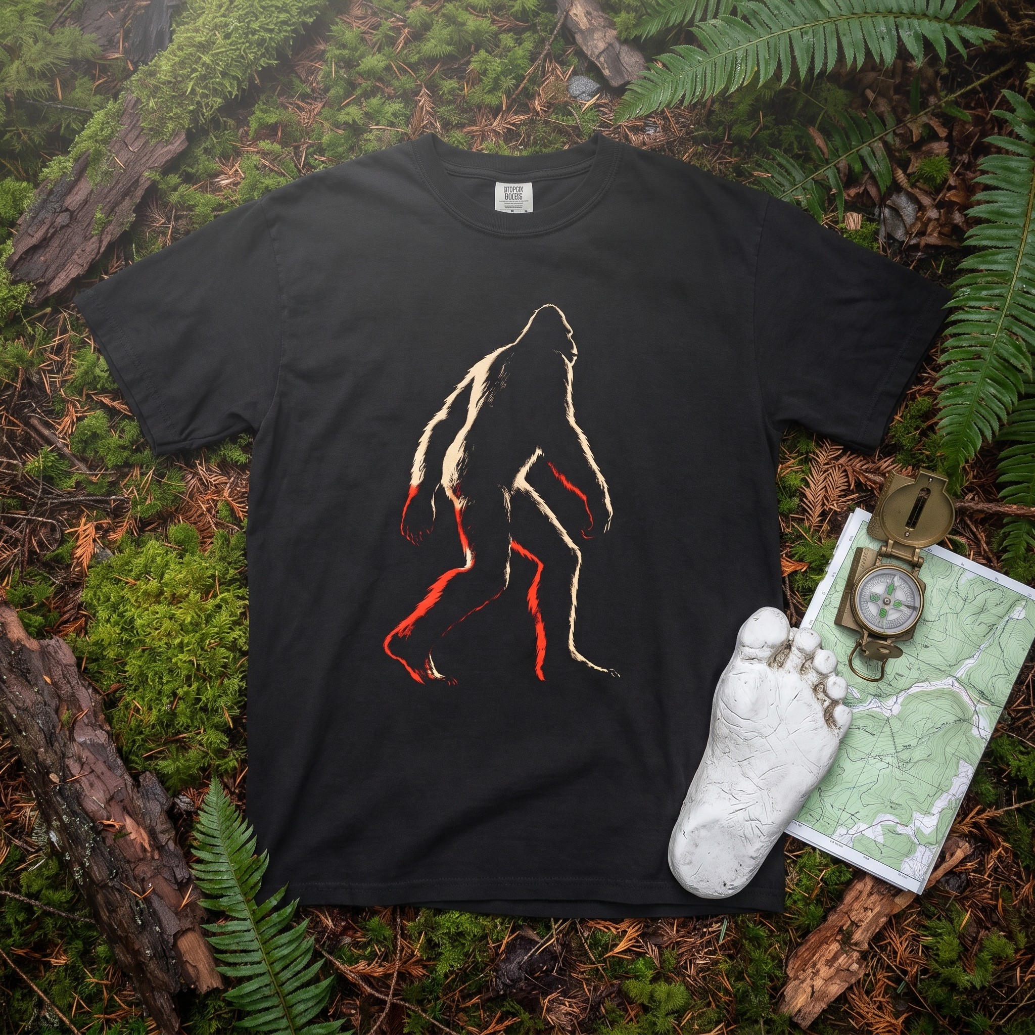 The Bigfoot tee laid flat on a mossy Pacific Northwest forest floor beside a plaster footprint cast, a compass and a topographic map