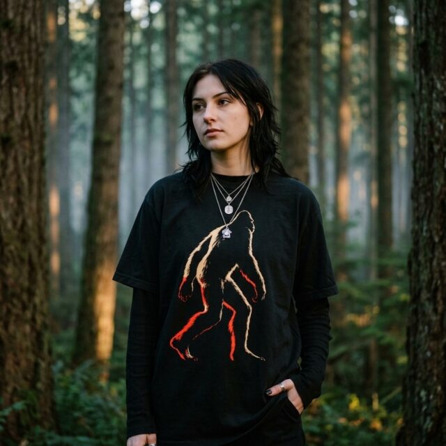 A person wearing the Bigfoot tee among old-growth conifers in the Pacific Northwest