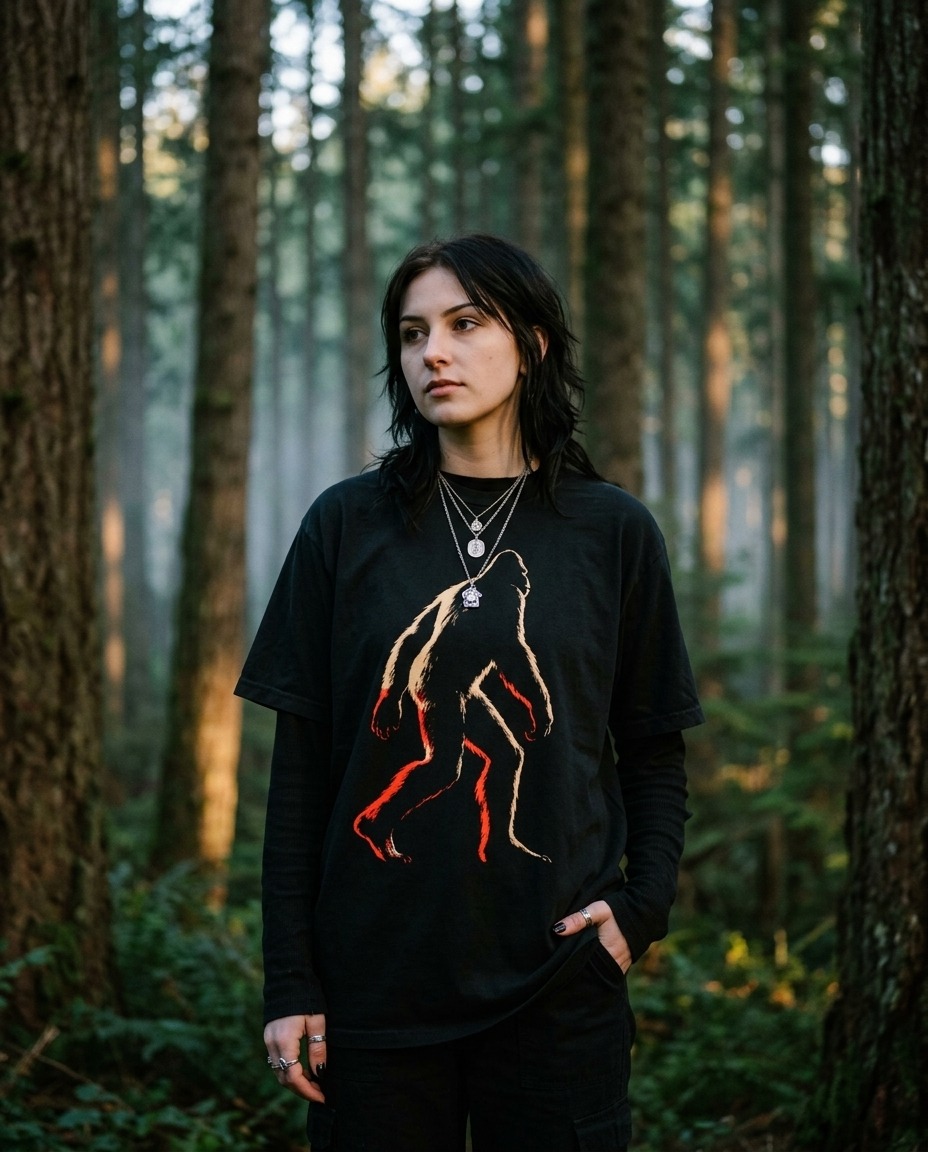 A person wearing the Bigfoot tee among old-growth conifers in the Pacific Northwest