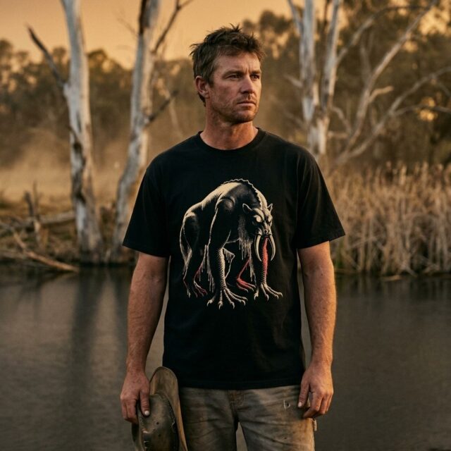 A person wearing the Bunyip tee at a billabong among dead gum trees, Murray Basin