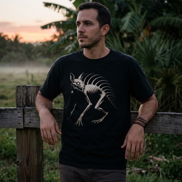 A person wearing the Chupacabra tee at a fence line at dusk, Canovanas, Puerto Rico