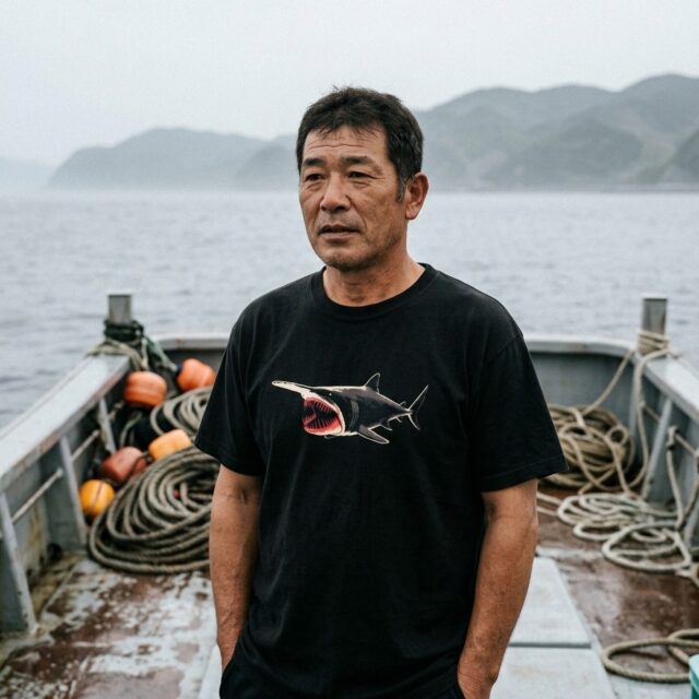 A person wearing the Goblin Shark tee on a longline boat in Tosa Bay, Shikoku