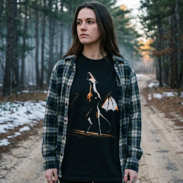A person wearing the Jersey Devil tee on a snow-edged sand road in the Pine Barrens