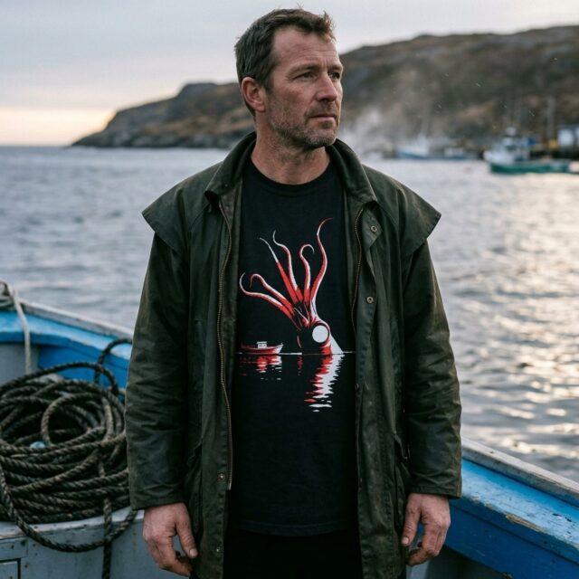 A person wearing the Kraken tee on a fishing boat deck, North Atlantic