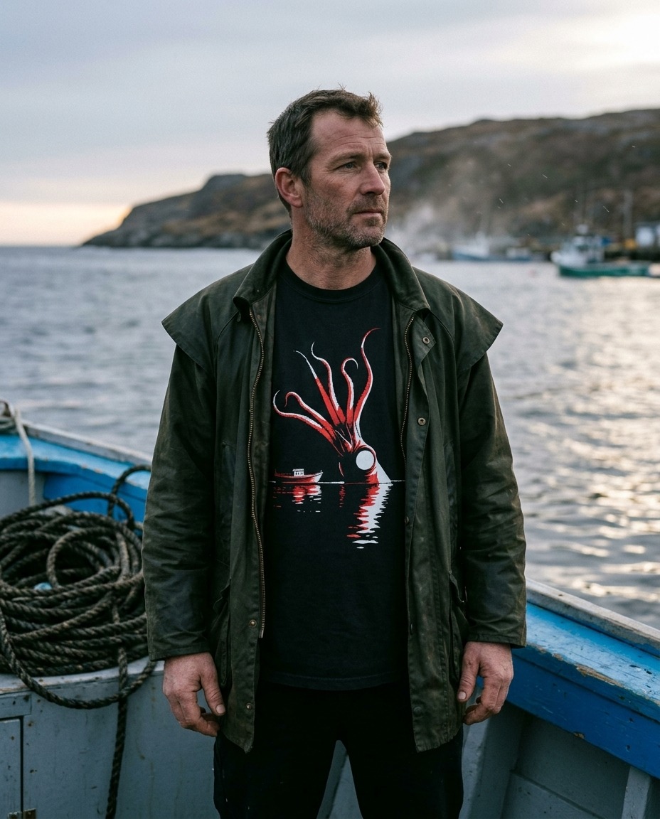 A person wearing the Kraken tee on a fishing boat deck, North Atlantic