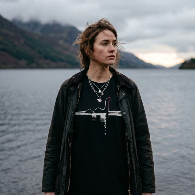 A person wearing the Loch Ness tee on the shore of the loch, Scottish Highlands