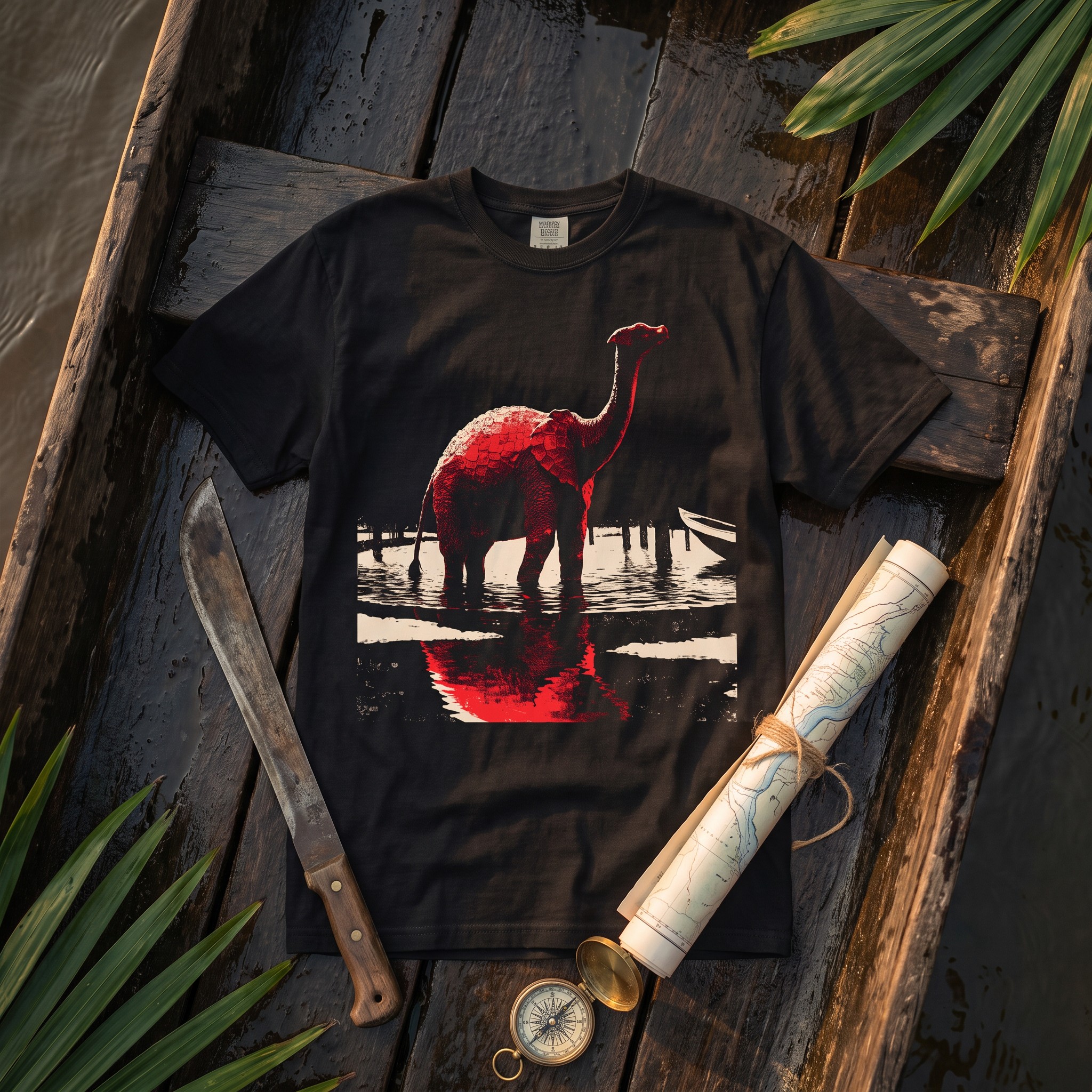 The Mokele-Mbembe tee laid flat on the wet planks of a dugout canoe beside a machete, a rolled river chart and a compass