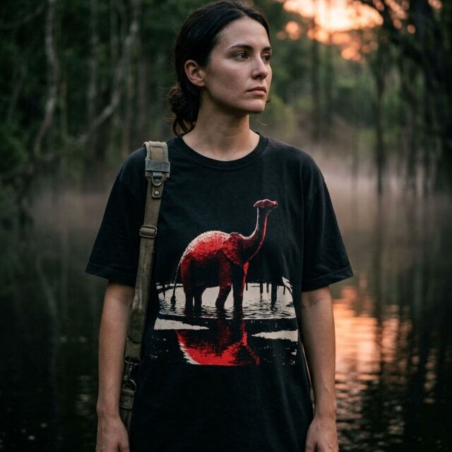A person wearing the Mokele-Mbembe tee at a flooded forest river at sunset, Likouala