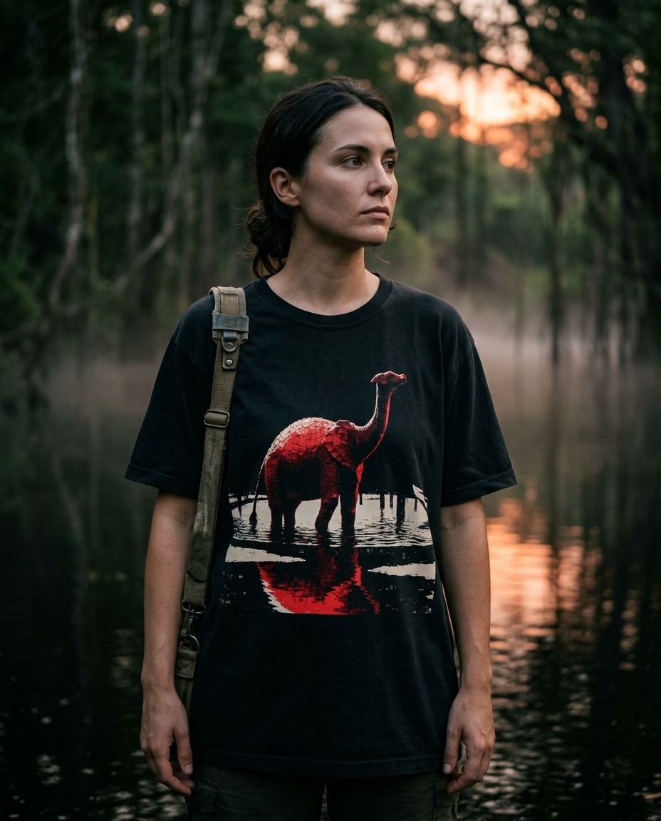 A person wearing the Mokele-Mbembe tee at a flooded forest river at sunset, Likouala