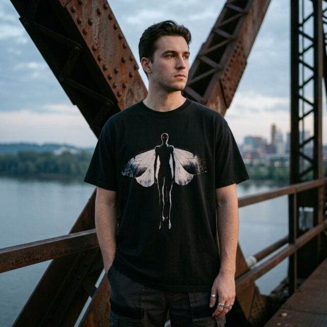 A person wearing the Mothman tee on a river bridge truss at Point Pleasant