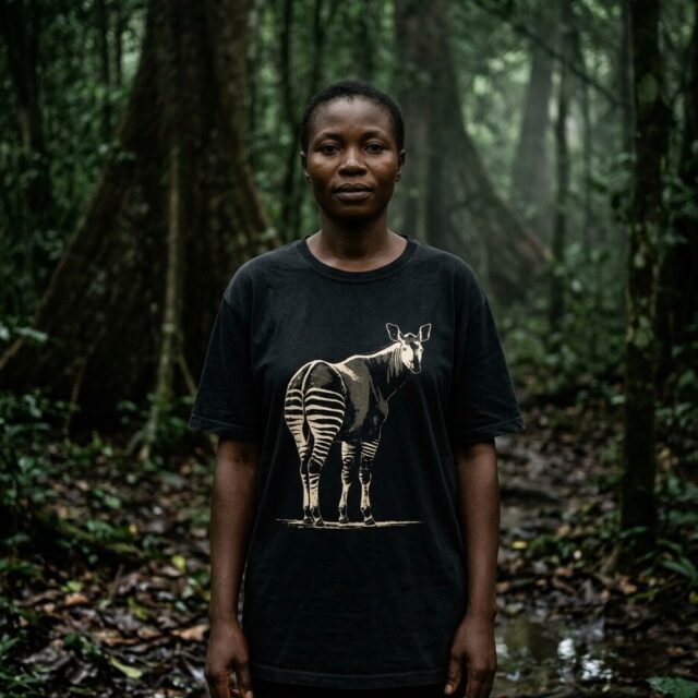 A person wearing the Okapi tee in the Ituri Forest of the northeastern Congo