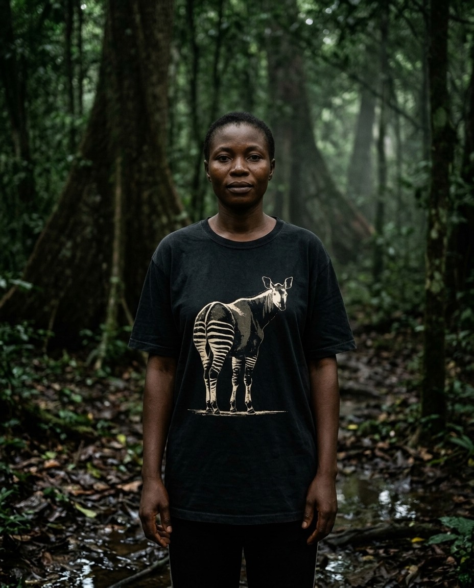 A person wearing the Okapi tee in the Ituri Forest of the northeastern Congo