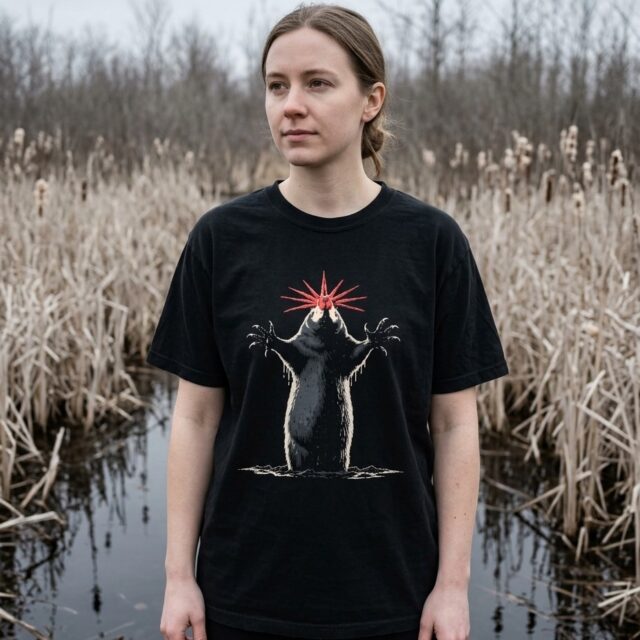 A person wearing the Star-nosed Mole tee at the edge of the Point Pelee marsh, Ontario