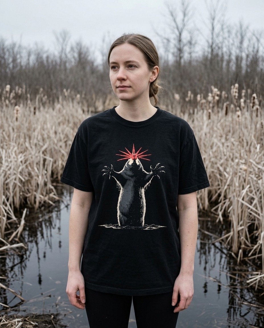 A person wearing the Star-nosed Mole tee at the edge of the Point Pelee marsh, Ontario