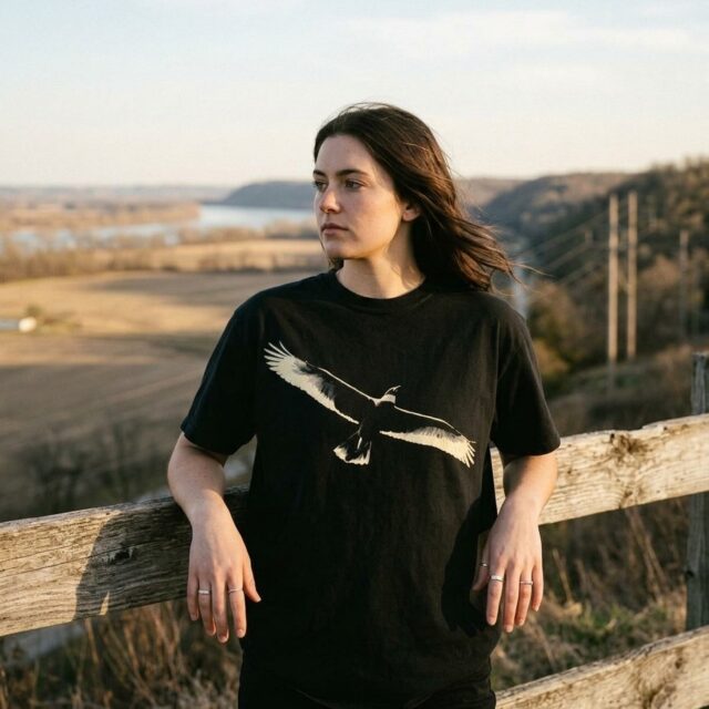A person wearing the Thunderbird tee above the Illinois River