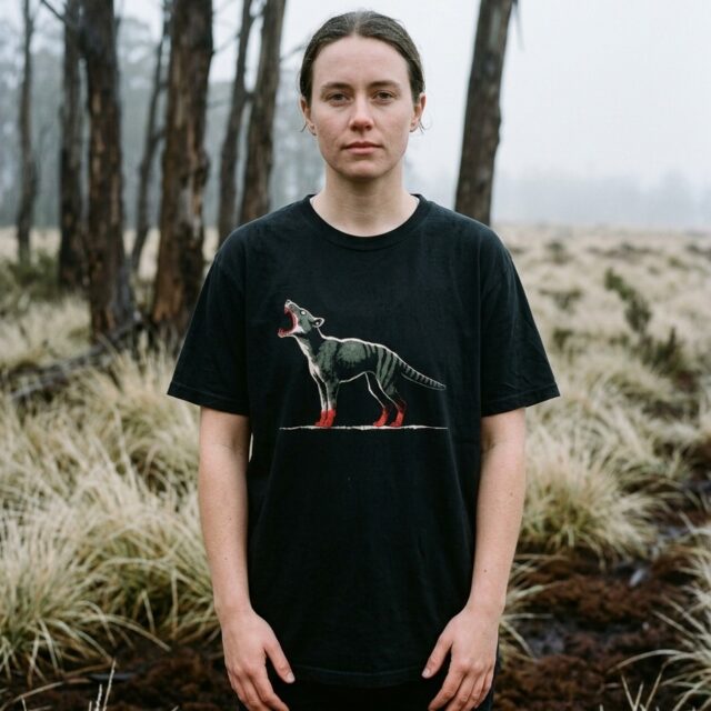 A person wearing the Thylacine tee in the button-grass plains of Tasmania's Central Highlands