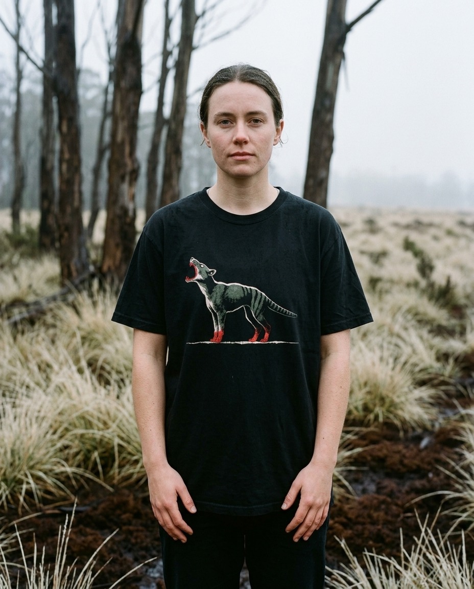 A person wearing the Thylacine tee in the button-grass plains of Tasmania's Central Highlands