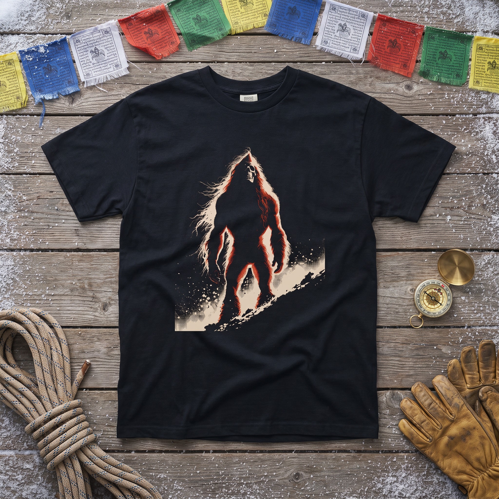 The Yeti tee laid flat on a snow-dusted Khumbu teahouse porch beside climbing rope, a brass compass and leather gloves