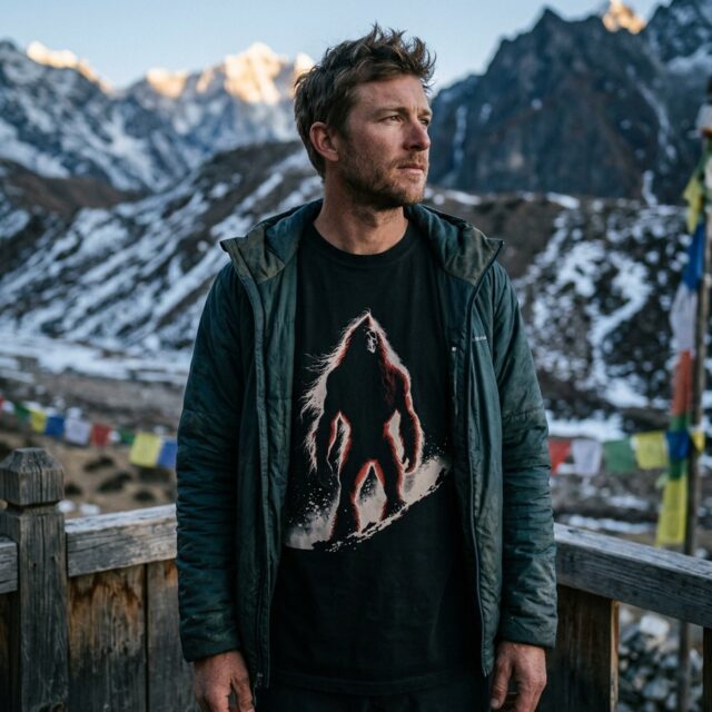 A person wearing the Yeti tee on a lodge porch with prayer flags, Khumbu