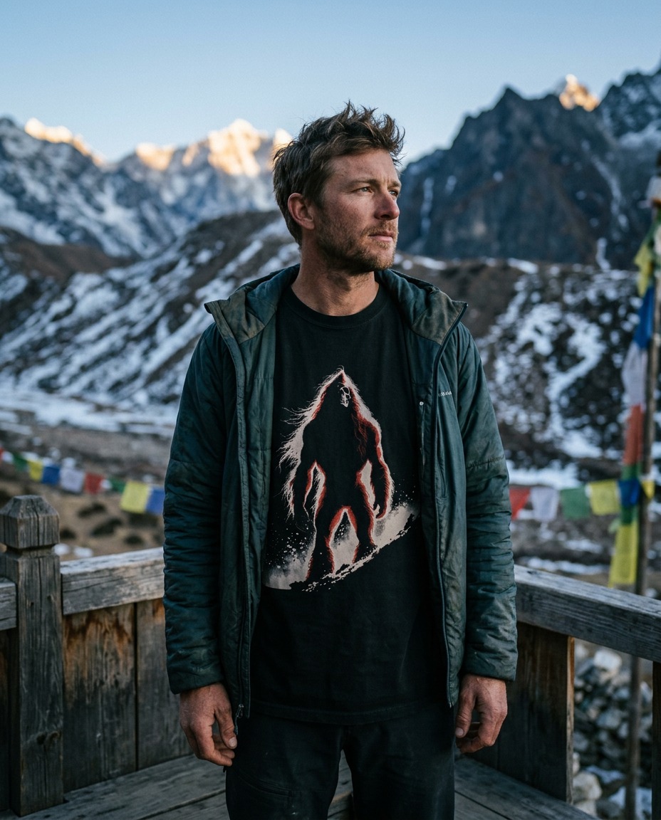 A person wearing the Yeti tee on a lodge porch with prayer flags, Khumbu