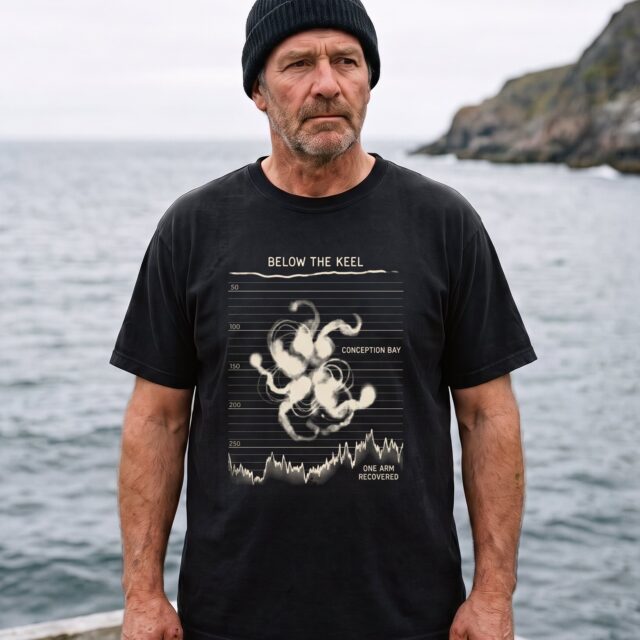 A person wearing the Below the Keel tee in black on location near Conception Bay, Newfoundland