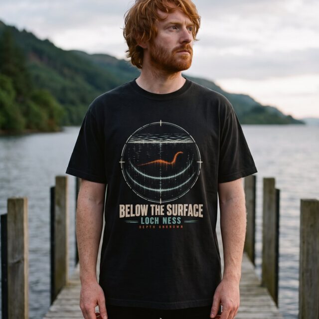 A person wearing the Below the Surface tee in black on location near Loch Ness, Scotland