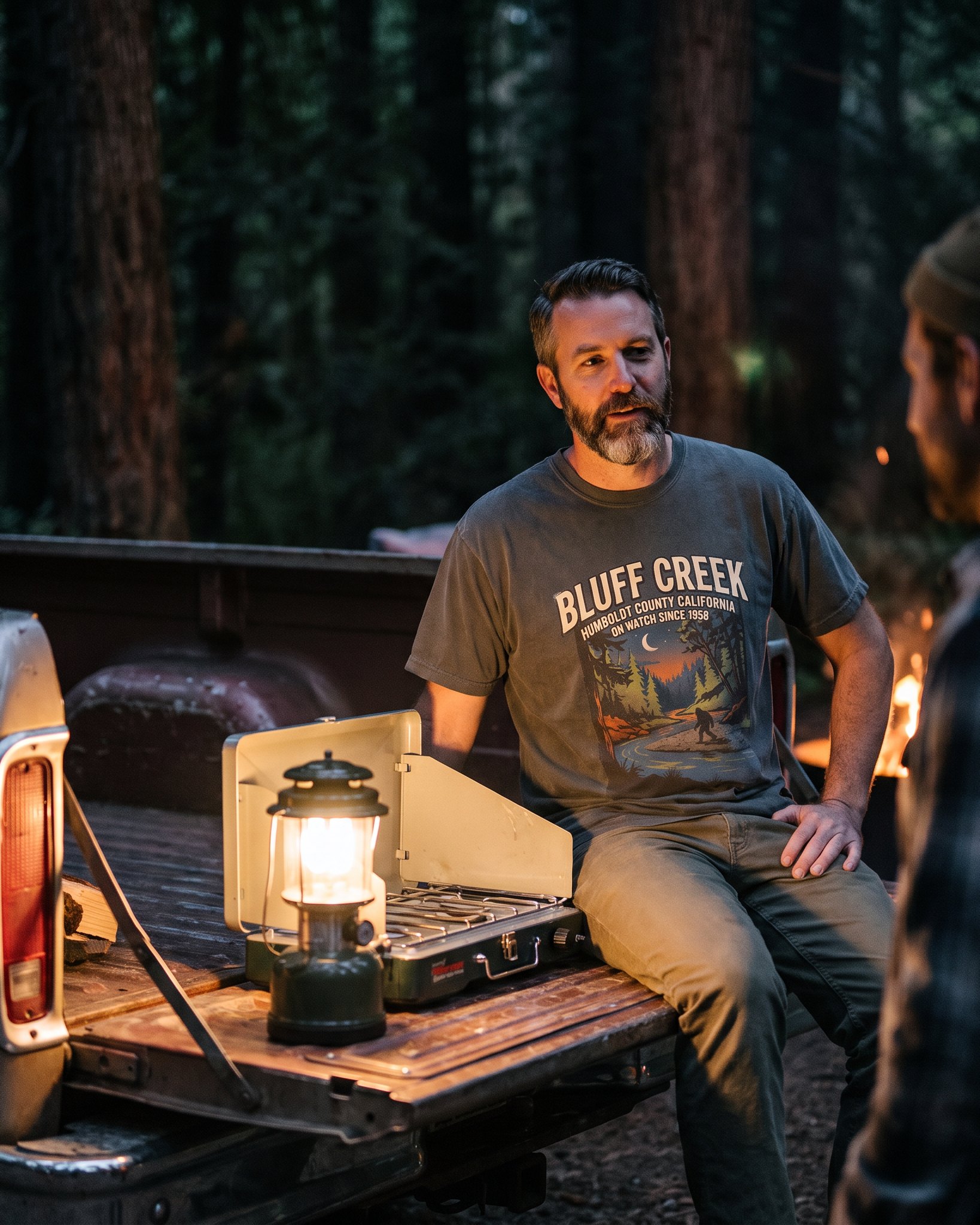 The same person wearing the Bluff Creek On Watch tee in pepper