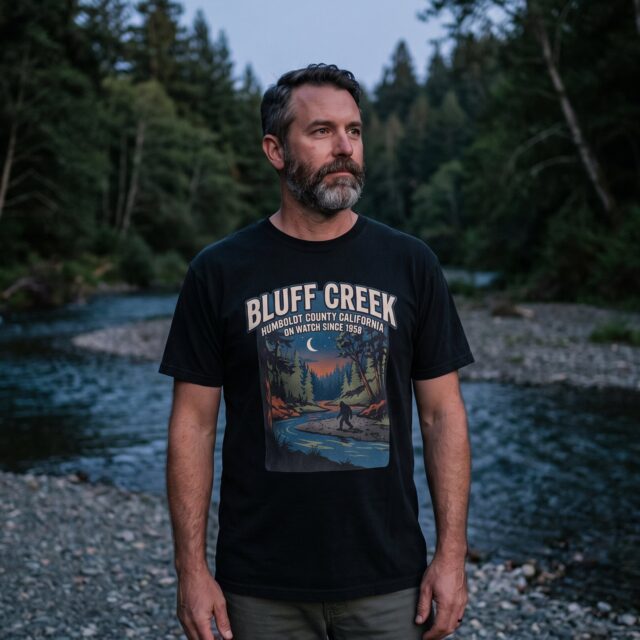 A person wearing the Bluff Creek On Watch tee in black on location near Bluff Creek, California