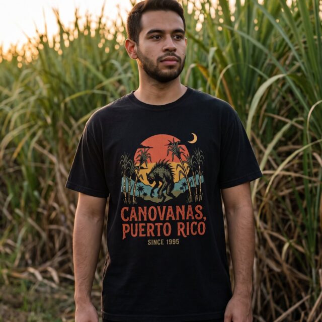 A person wearing the Canóvanas Souvenir tee in black on location near Canóvanas, Puerto Rico