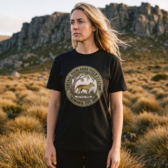 A person wearing the Central Highlands Field Station tee in black on location near Central Highlands, Tasmania