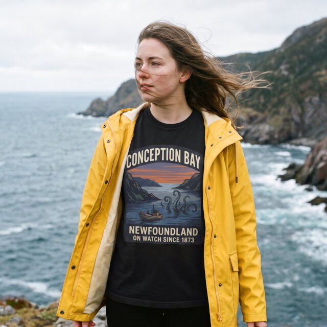 A person wearing the Conception Bay On Watch tee in black on location near Conception Bay, Newfoundland