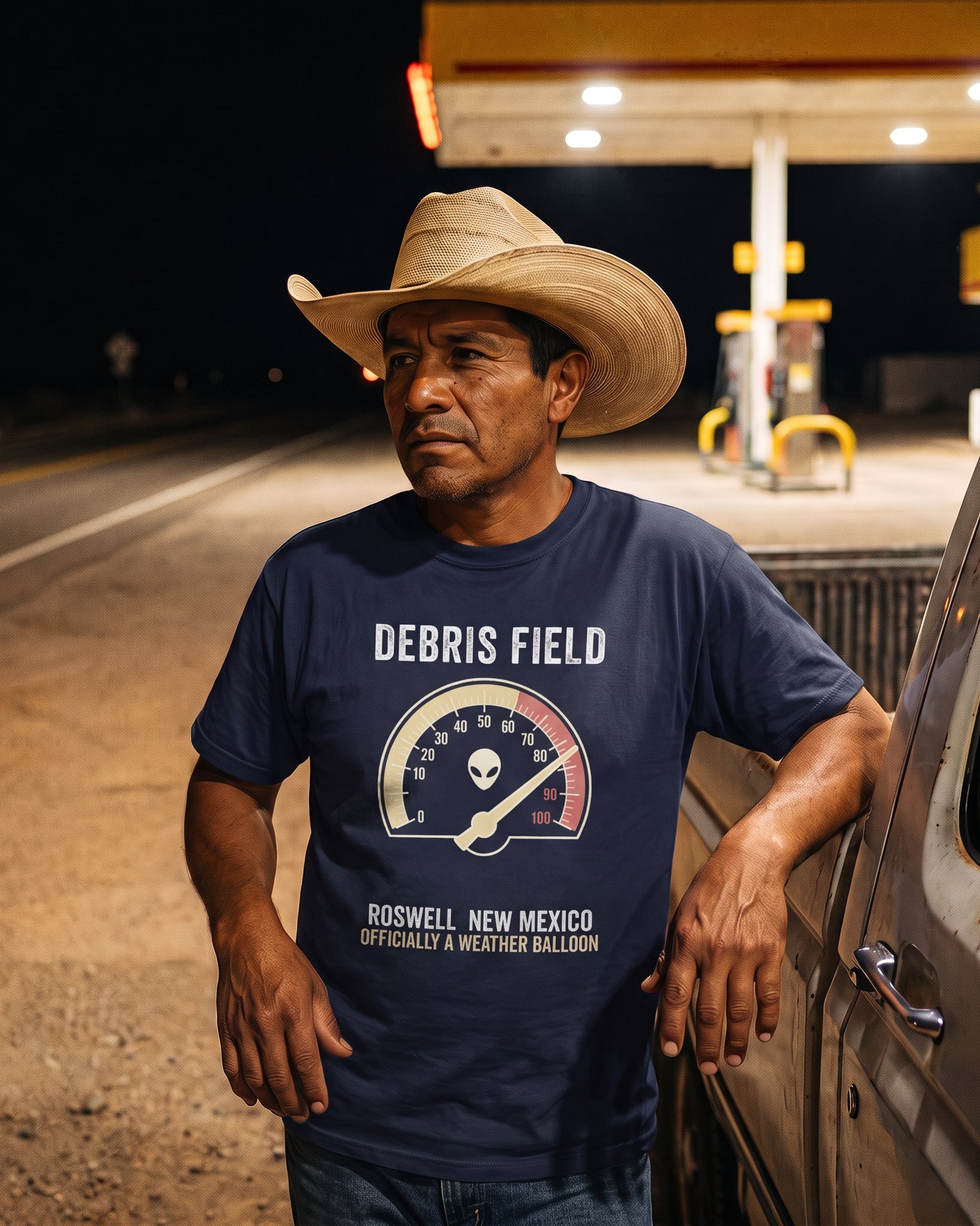 The same person wearing the Debris Field tee in navy