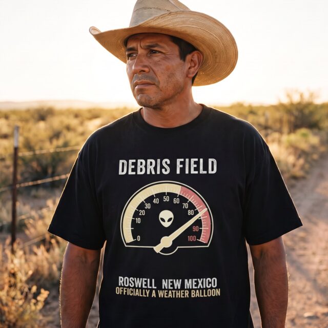 A person wearing the Debris Field tee in black on location near Roswell, New Mexico