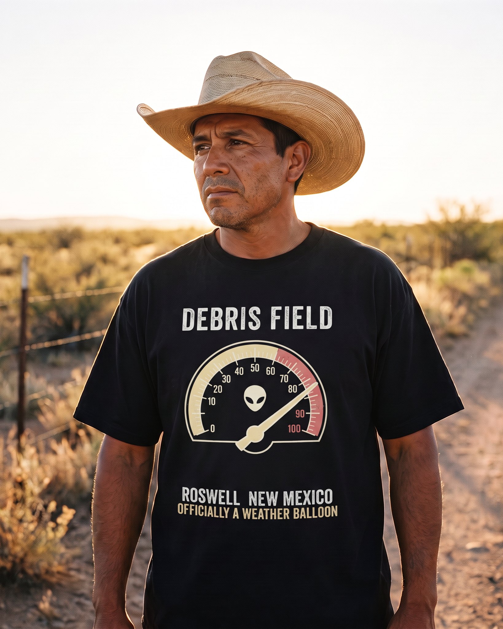 A person wearing the Debris Field tee in black on location near Roswell, New Mexico