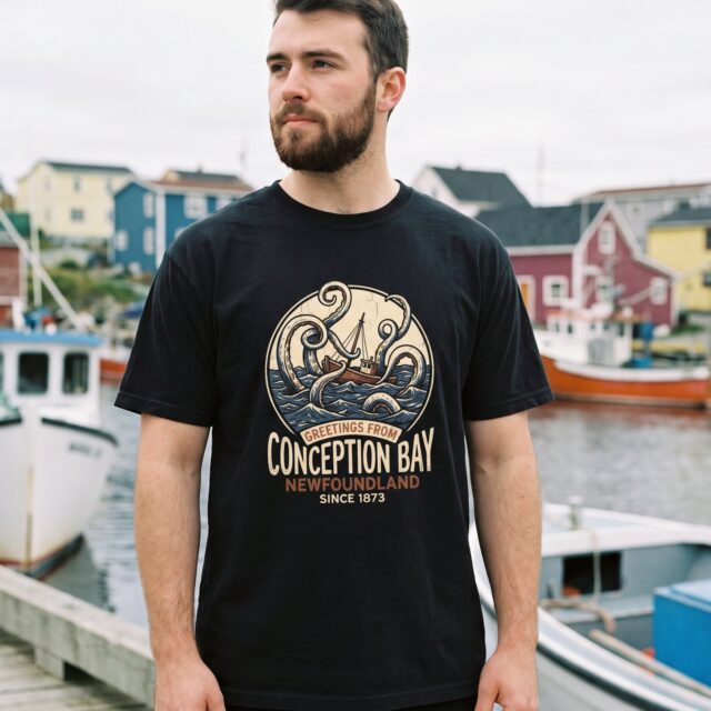 A person wearing the Greetings from Conception Bay tee in black on location near Conception Bay, Newfoundland