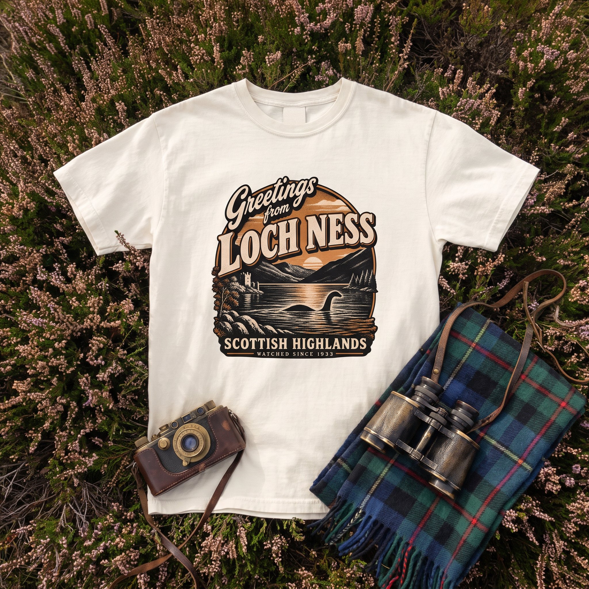 The Greetings from Loch Ness tee in ivory laid flat with field kit from the Loch Ness Monster file