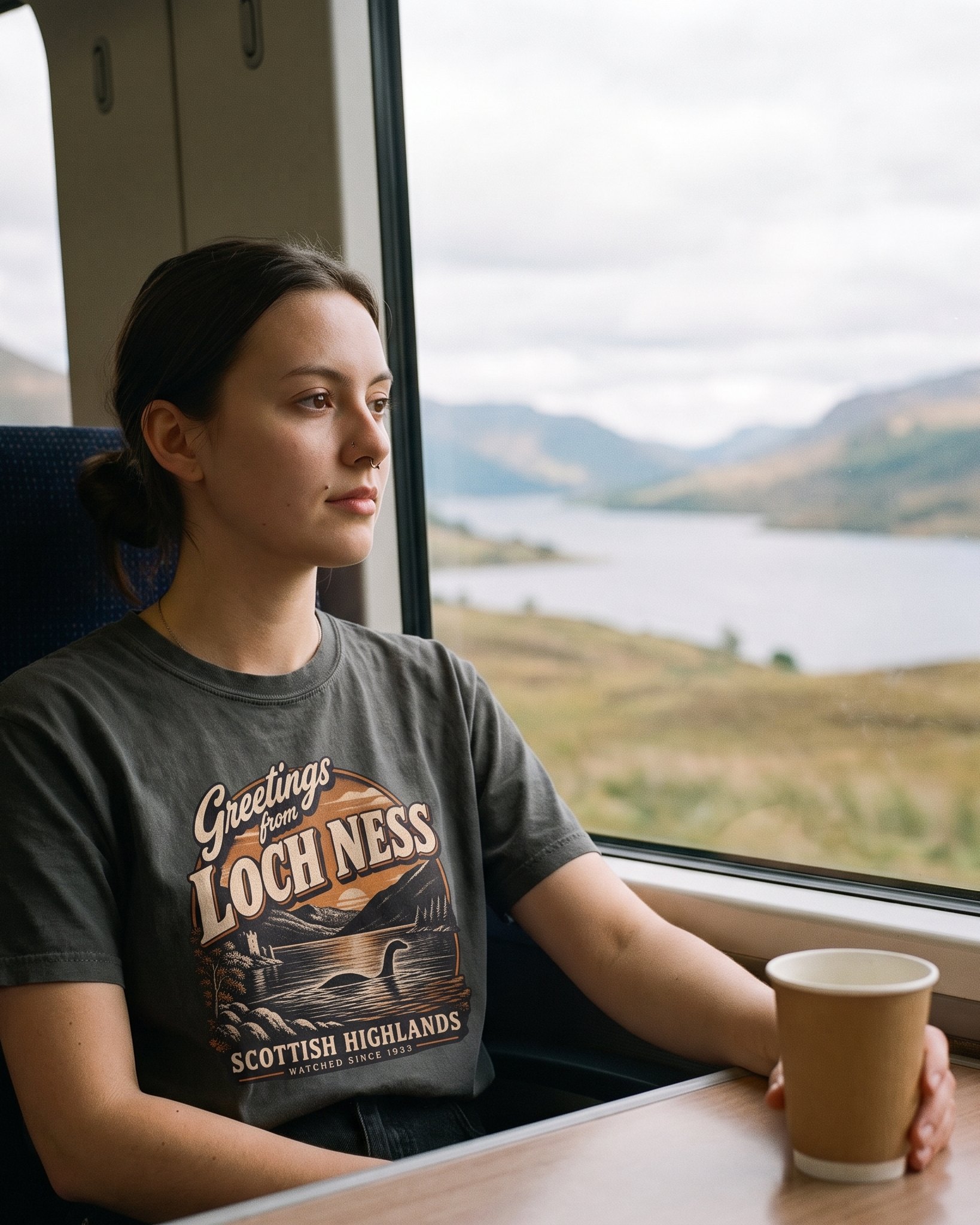 The same person wearing the Greetings from Loch Ness tee in pepper