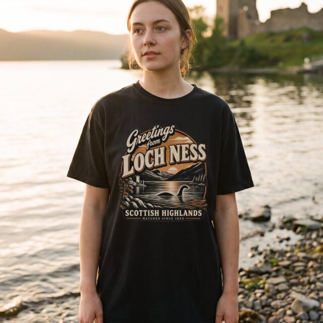 A person wearing the Greetings from Loch Ness tee in black on location near Loch Ness, Scotland