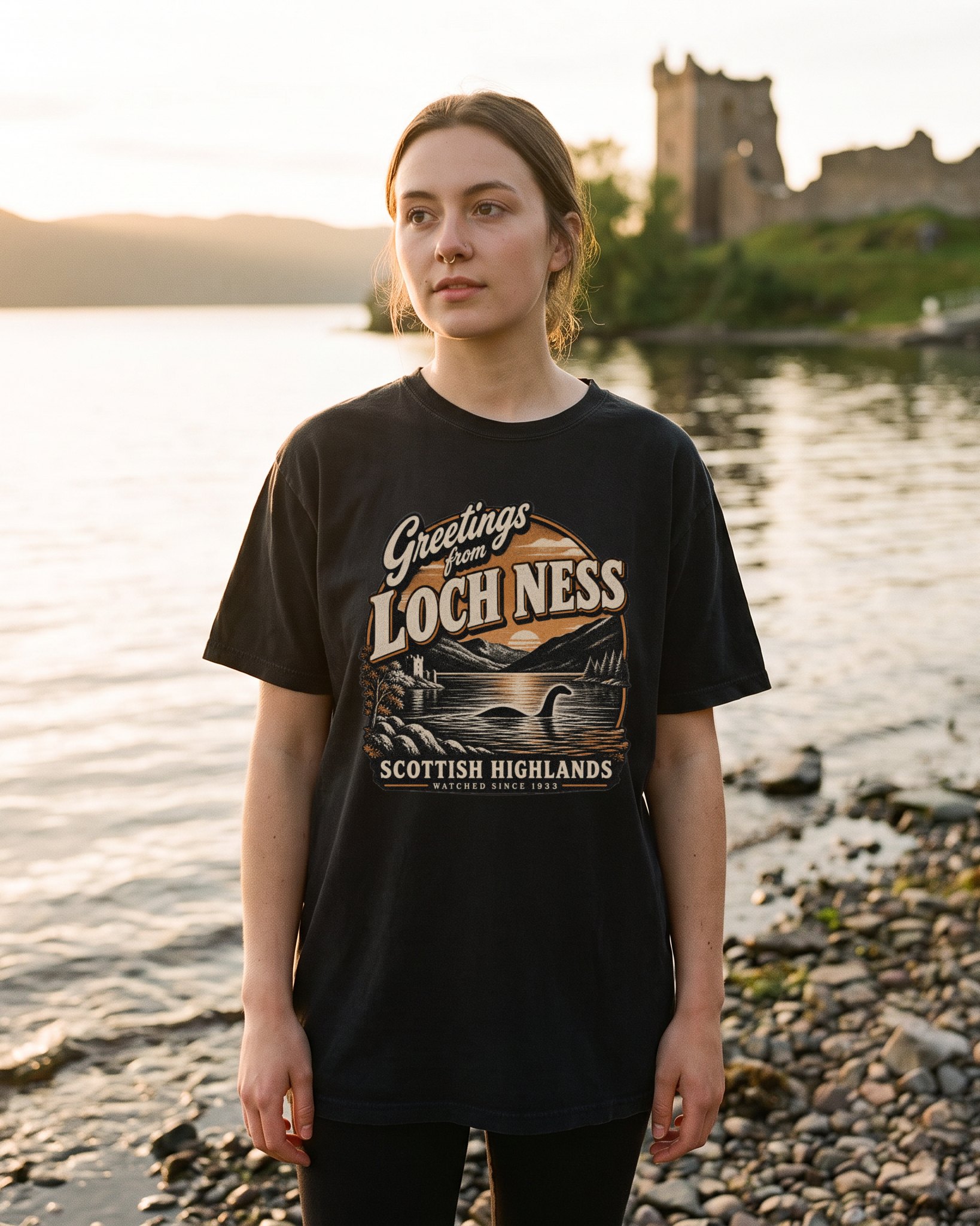 A person wearing the Greetings from Loch Ness tee in black on location near Loch Ness, Scotland