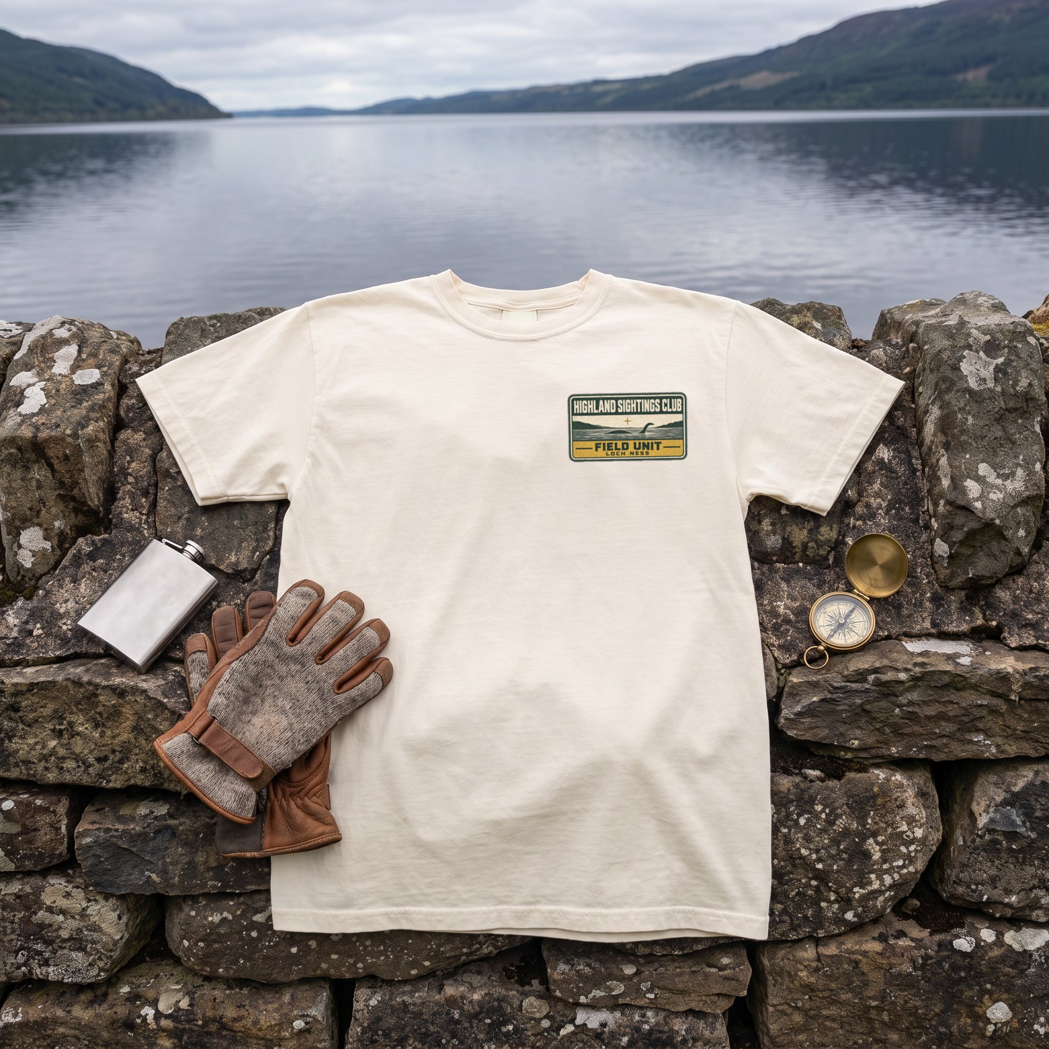 The Highland Sightings Club tee in ivory laid flat with field kit from the Loch Ness Monster file