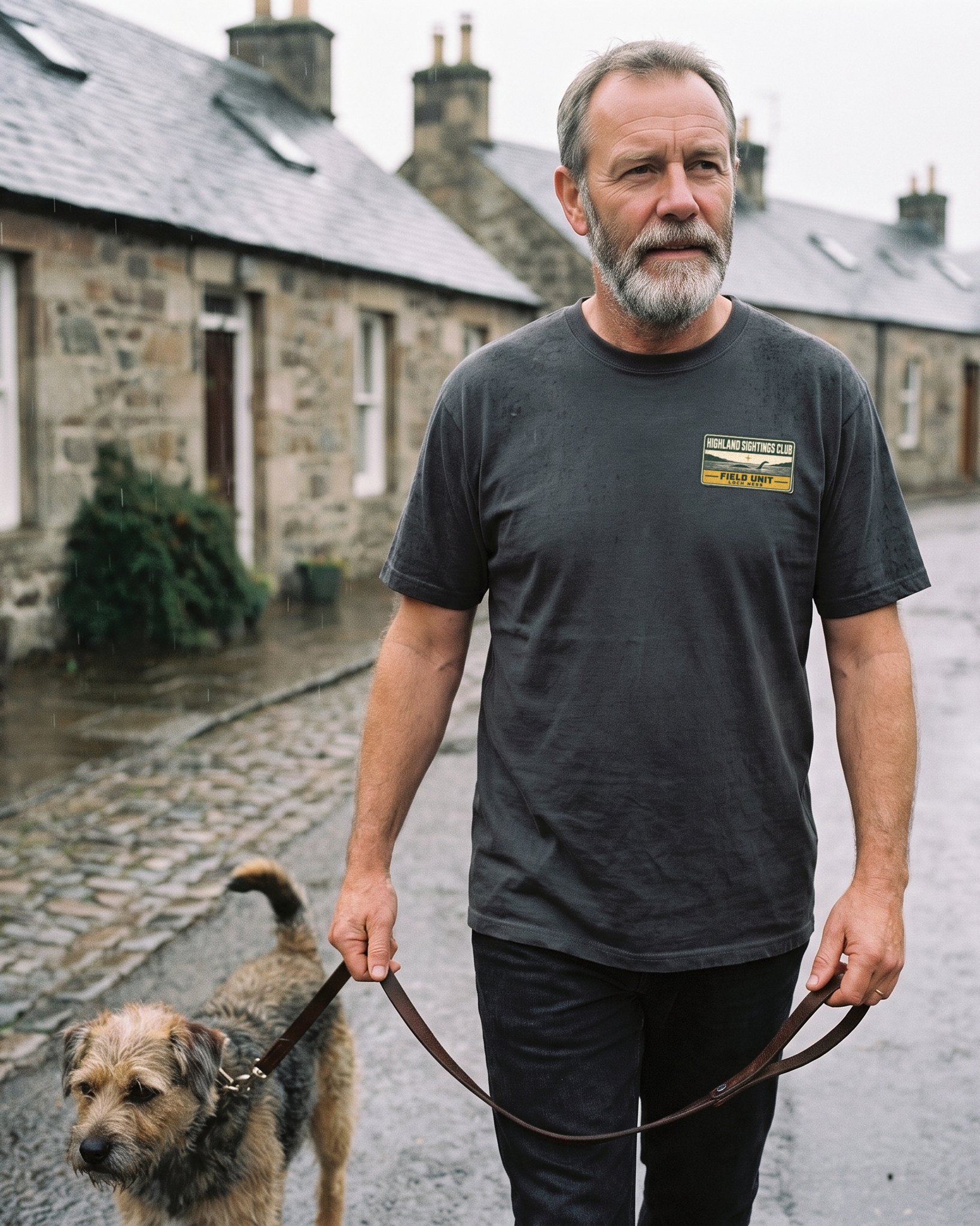 The same person wearing the Highland Sightings Club tee in graphite