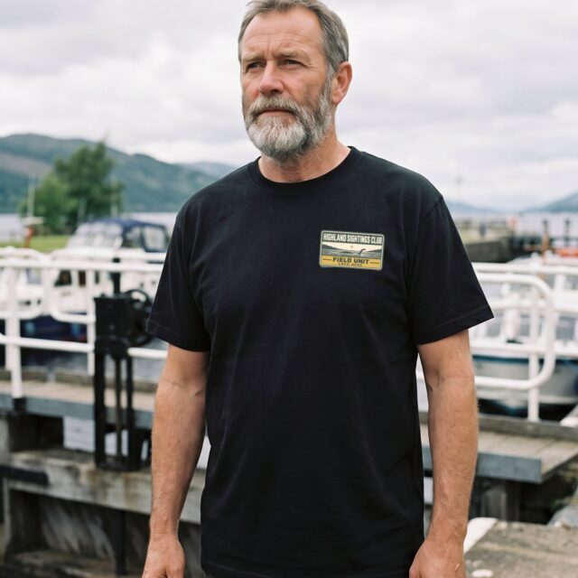 A person wearing the Highland Sightings Club tee in black on location near Loch Ness, Scotland