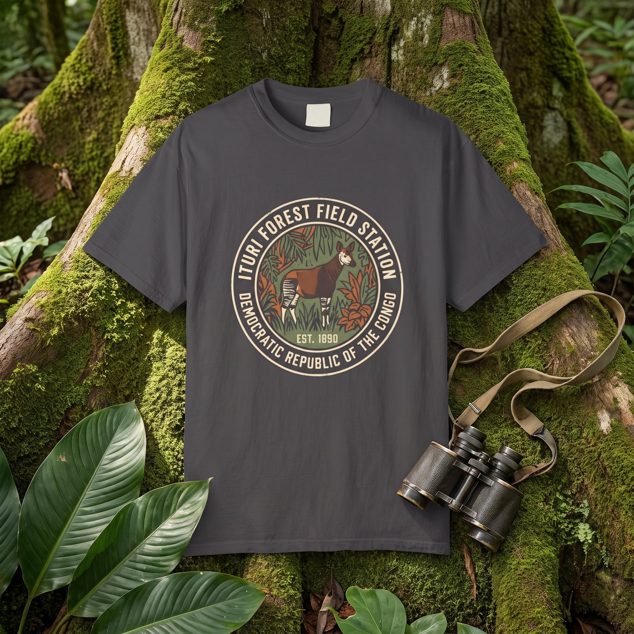 The Ituri Forest Field Station tee in graphite laid flat with field kit from the Okapi file