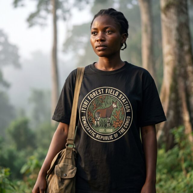 A person wearing the Ituri Forest Field Station tee in black on location near Ituri Forest, Democratic Republic of the Congo