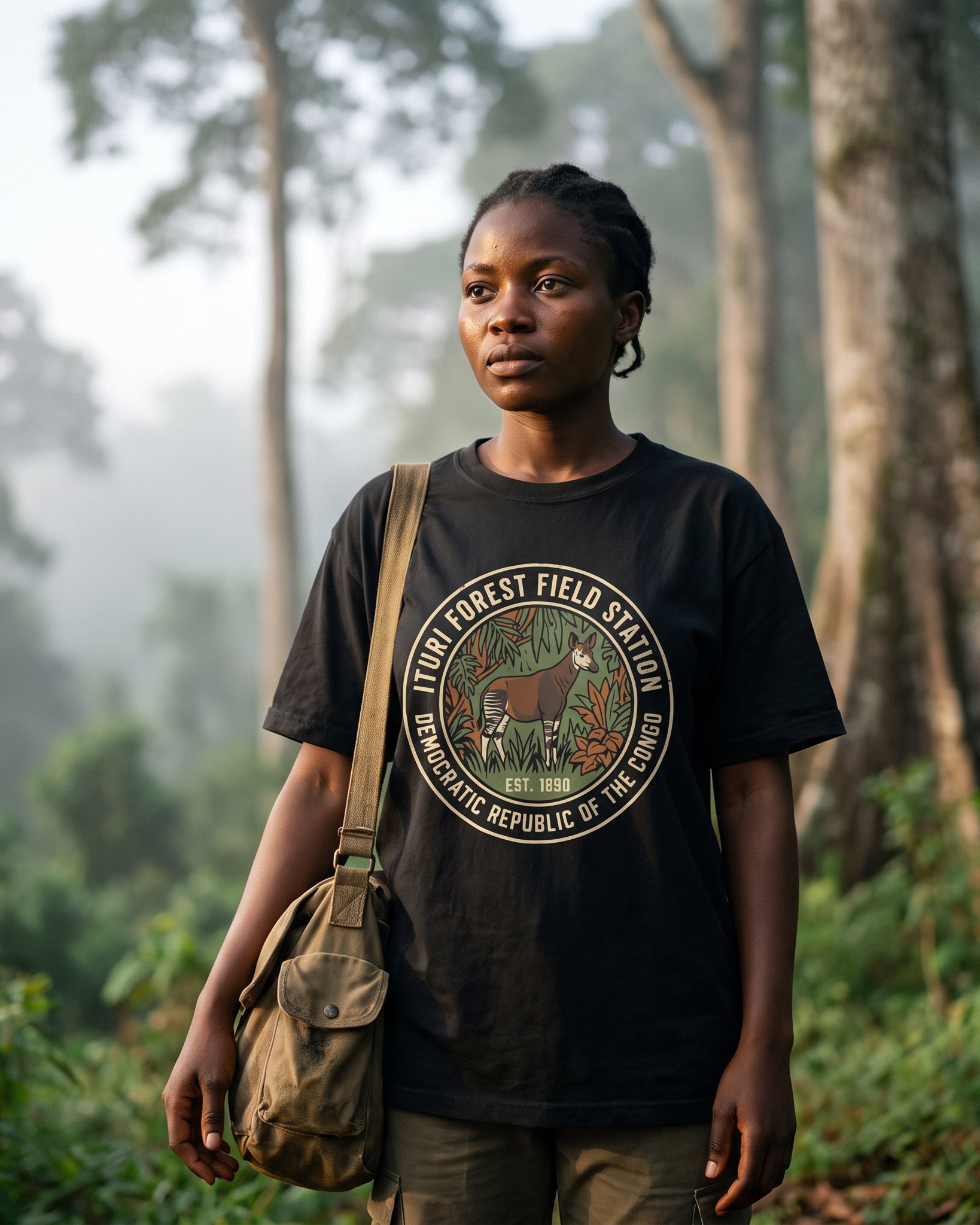 A person wearing the Ituri Forest Field Station tee in black on location near Ituri Forest, Democratic Republic of the Congo
