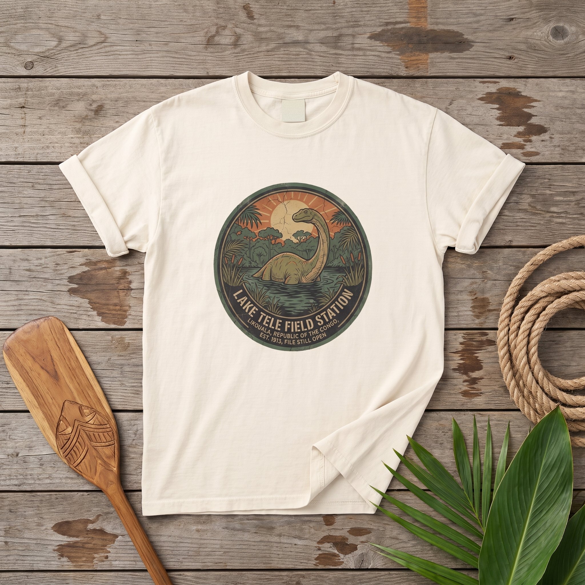 The Lake Télé Field Station tee in ivory laid flat with field kit from the Mokele-Mbembe file