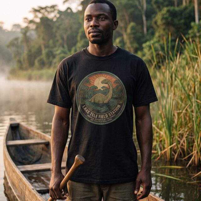 A person wearing the Lake Télé Field Station tee in black on location near Lake Télé, Republic of the Congo