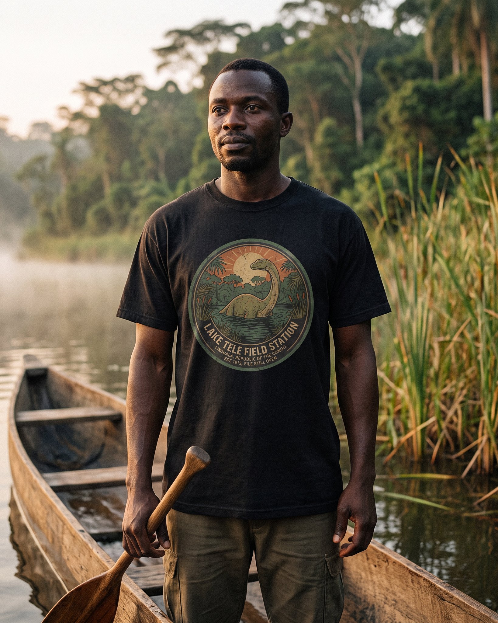 A person wearing the Lake Télé Field Station tee in black on location near Lake Télé, Republic of the Congo