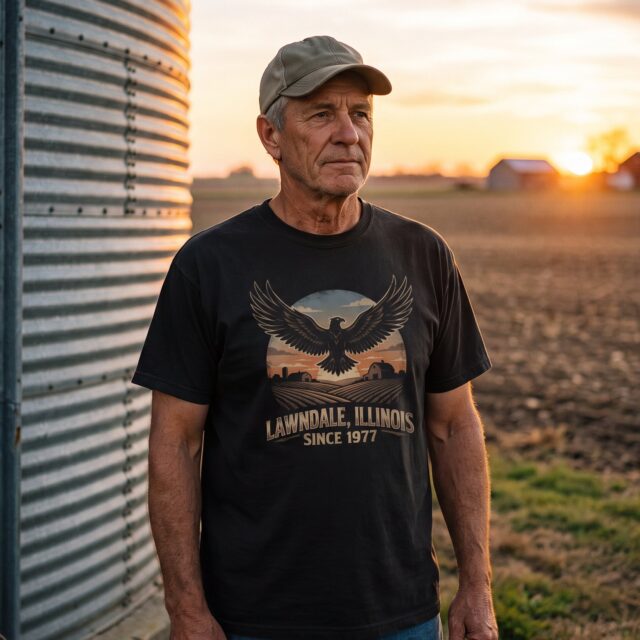 A person wearing the Lawndale Souvenir tee in black on location near Lawndale, Illinois