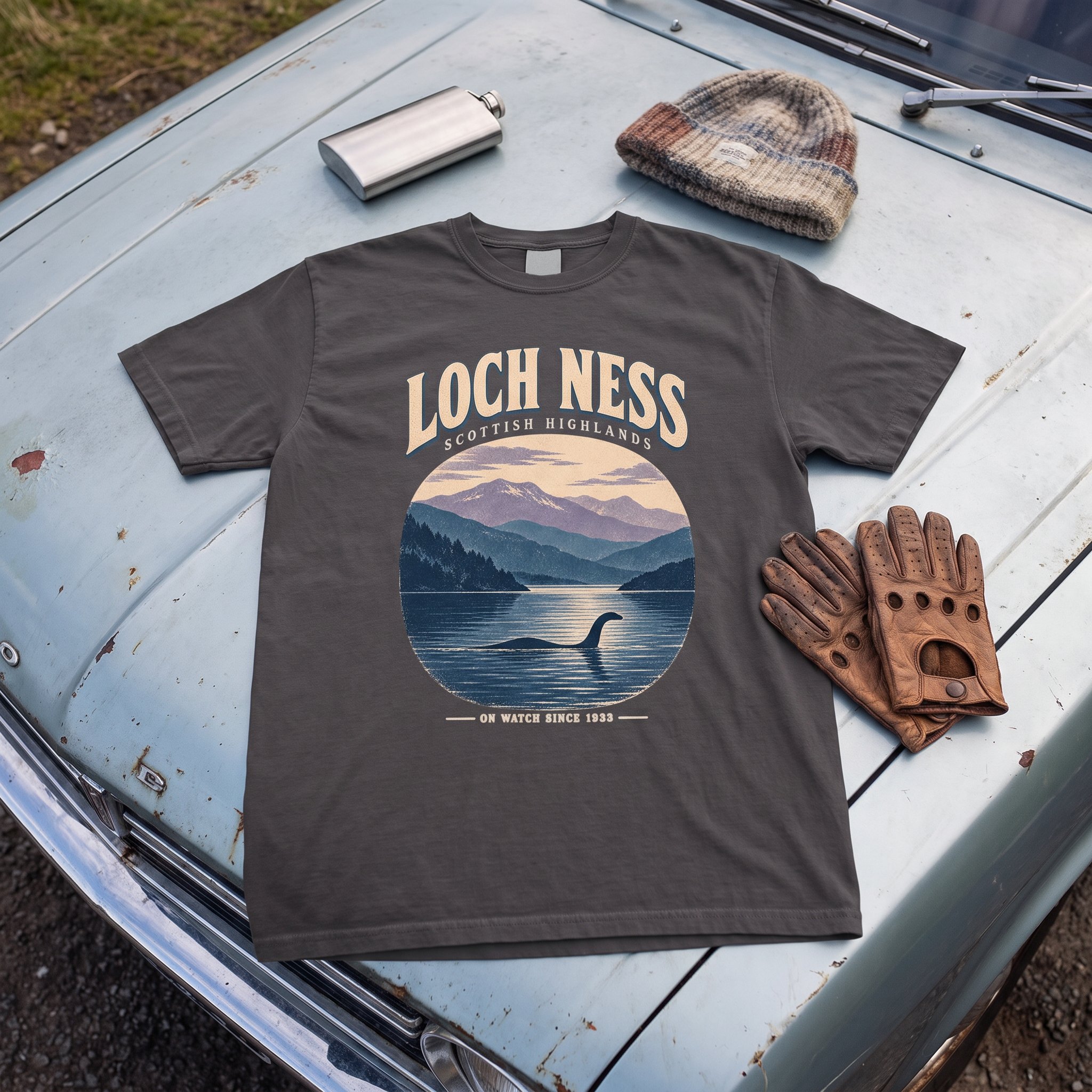 The Loch Ness On Watch tee in graphite laid flat with field kit from the Loch Ness Monster file